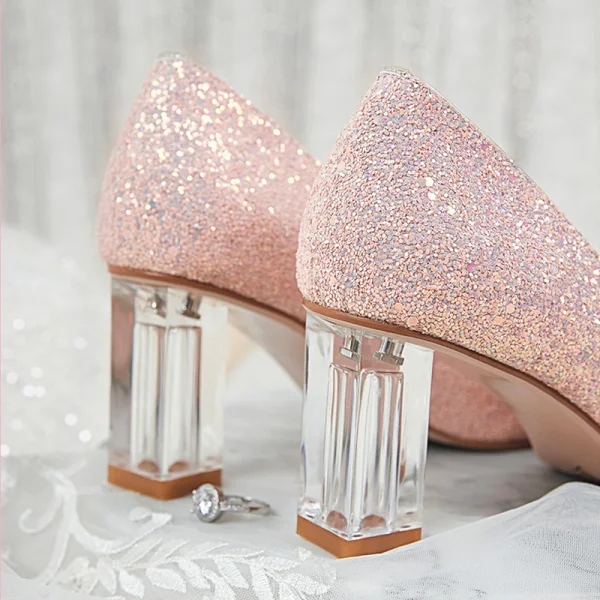 Glitter Candy Roze Glans Bruidsschoenen 2020 Pailletten 7 cm Dikke Hak Spitse Neus Huwelijk Pumps