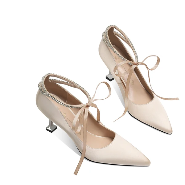 Elegant Champagne Wedding Shoes 2020 Satin Rhinestone Bow 7 cm Stiletto Heels Pointed Toe Wedding Pumps