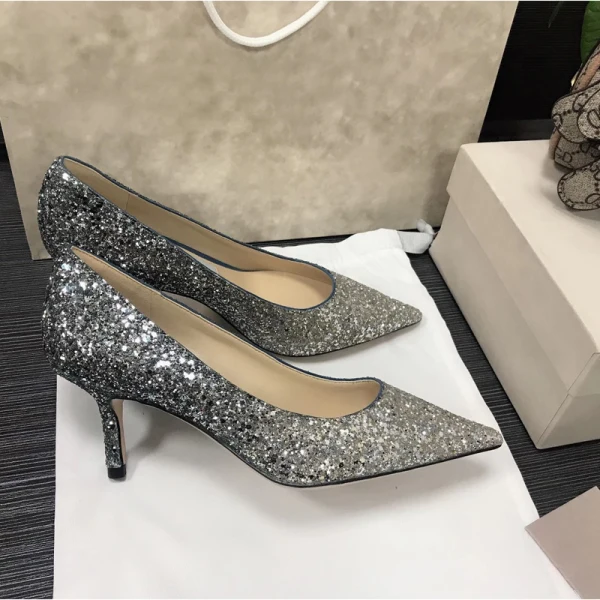 Glittrande Silver Afton Paljetter Pumps 2021 Läder 8 cm Stilettklackar Spetsiga Pumps Högklackade
