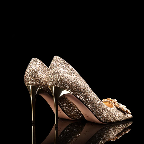 Glittrande Guld Glittriga / Glitter Brudskor 2020 Läder Rhinestone Paljetter 8 cm Stilettklackar Spetsiga Bröllop Pumps