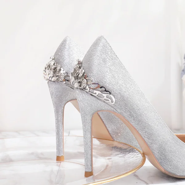 Charming Silver Glitter Wedding Shoes 2020 Rhinestone 10 cm Stiletto Heels Pointed Toe Wedding Pumps
