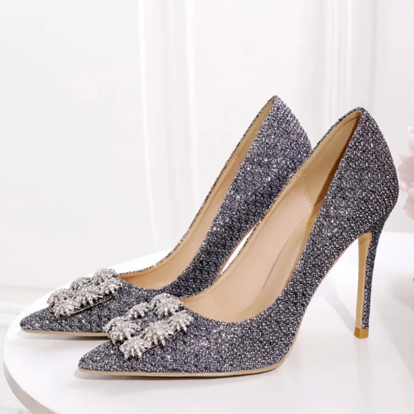 Sjarmerende Sølv Rhinestone Brudesko 2020 Paljetter 10 cm Stiletthæler Spisse Bryllup Pumps