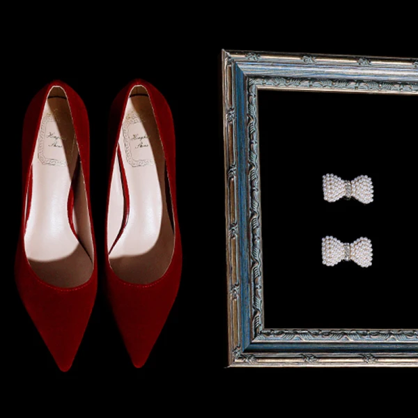 Elegant Red Pearl Bow Wedding Shoes 2021 5 cm Thick Heels Block Heels Pointed Toe Wedding Pumps High Heels