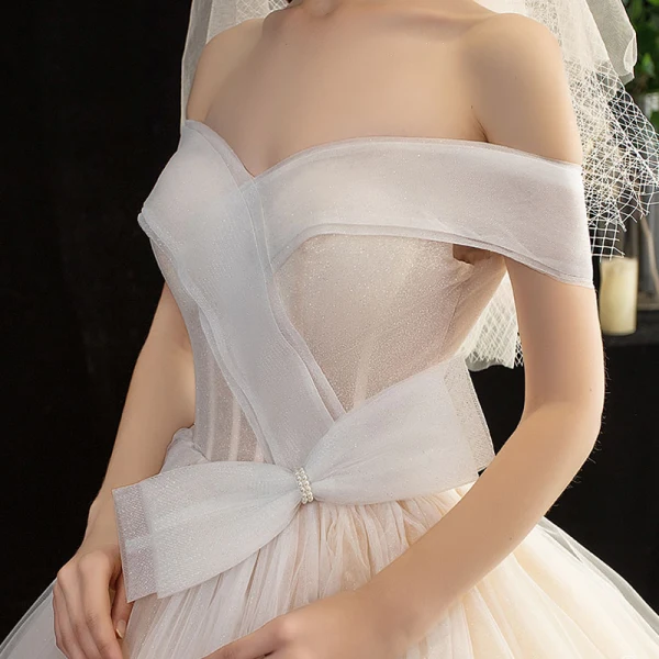 Fashion Champagne Glitter Wedding Dresses 2020 Ball Gown Off-The-Shoulder Bow Short Sleeve Backless Floor-Length / Long