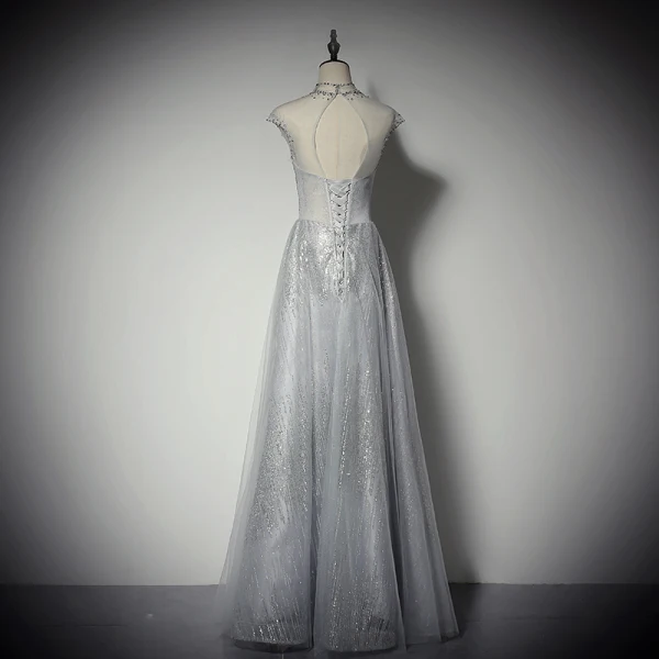Glitzernden Marineblau Pailletten Abendkleider 2020 A Linie Stehkragen Strass Ärmellos Rückenfreies Lange Festliche Kleider