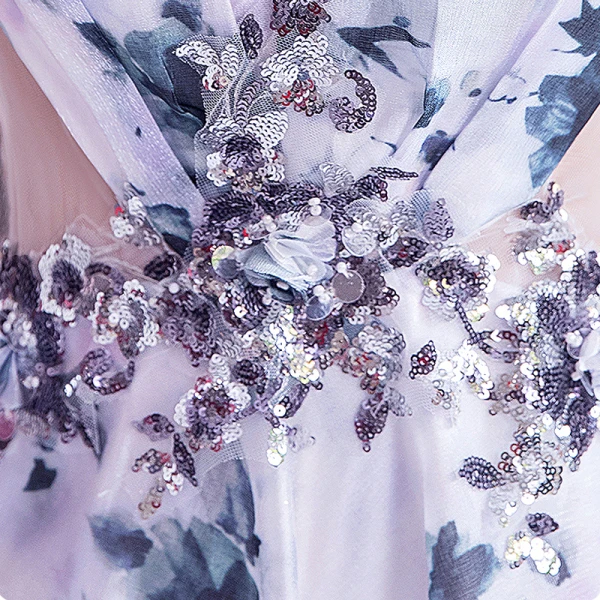Charmant Océan Bleu Ivoire Florale Robe De Soirée 2020 Princesse Encolure Dégagée Paillettes Appliques Impression Sans Manches Dos Nu Longue Robe De Ceremonie