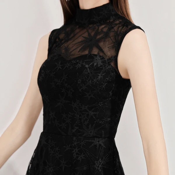 Modest / Simple Homecoming Little Black Dress 2020 A-Line / Princess High Neck Star Lace Sleeveless Knee-Length Graduation Dresses