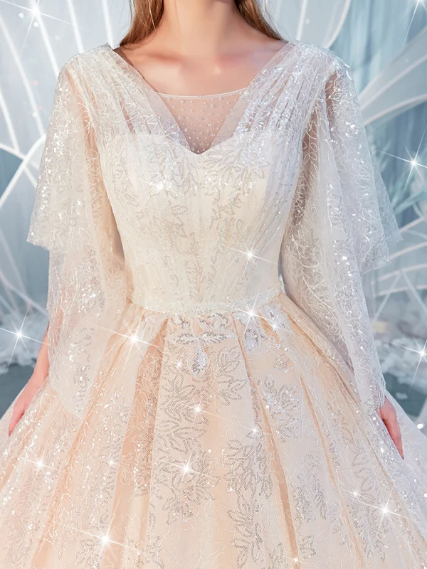 Scintillantes Champagne Paillettes Robe De Mariée 2020 Robe Boule V-Cou Perlage 1/2 Manches Dos Nu Cathedral Train