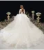 Charmant Ivoire Glitter Volants en Cascade Robe De Mariée 2020 Robe Boule Encolure Dégagée Perlage En Dentelle Fleur 1/2 Manches Dos Nu Cathedral Train