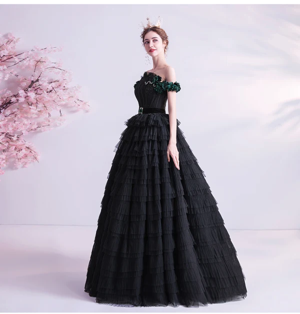 Classy Black Cascading Ruffles Prom Dresses 2020 Ball Gown Ruffle Off-The-Shoulder Rhinestone Lace Flower Sleeveless Backless Floor-Length / Long Formal Dresses