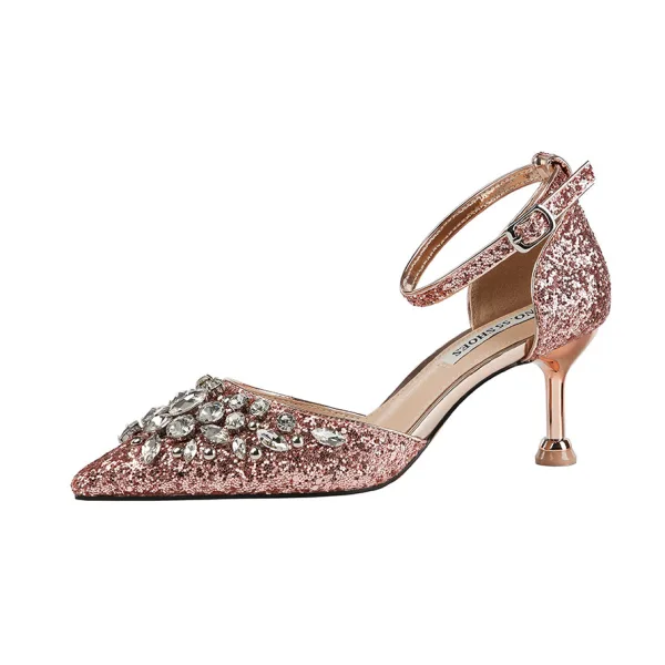 Błyszczące Srebrny Cekiny Wieczorowe Wysokie Obcasy 2020 Rhinestone 6 cm Szpilki Szpiczaste Buty Damskie