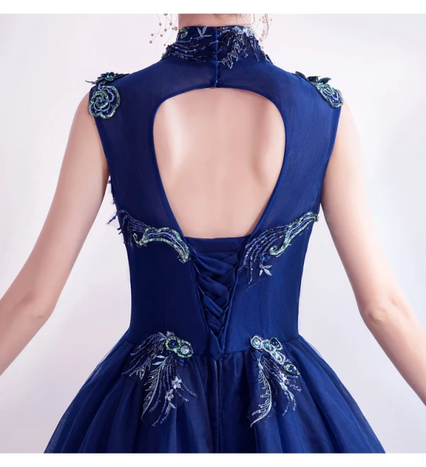 Vintage / Retro Royal Blue Prom Dresses 2020 A-Line / Princess High Neck Sequins Rhinestone Lace Flower Sleeveless Backless Floor-Length / Long Formal Dresses