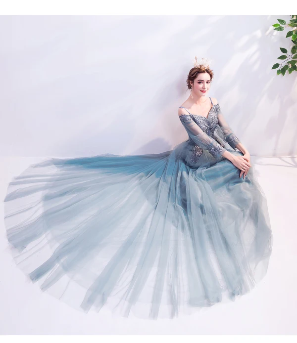 Classy Pool Blue Prom Dresses 2020 A-Line / Princess Spaghetti Straps Sequins Lace Flower Long Sleeve Backless Court Train Formal Dresses