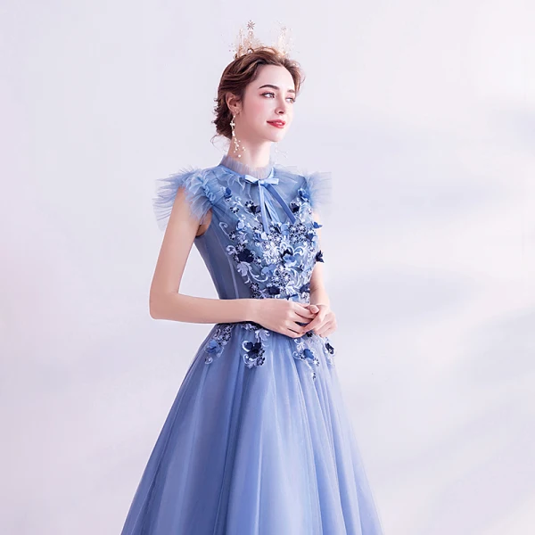 Vintage / Retro Ocean Blue Prom Dresses 2020 A-Line / Princess High Neck Bow Lace Flower Appliques Sleeveless Backless Floor-Length / Long Formal Dresses