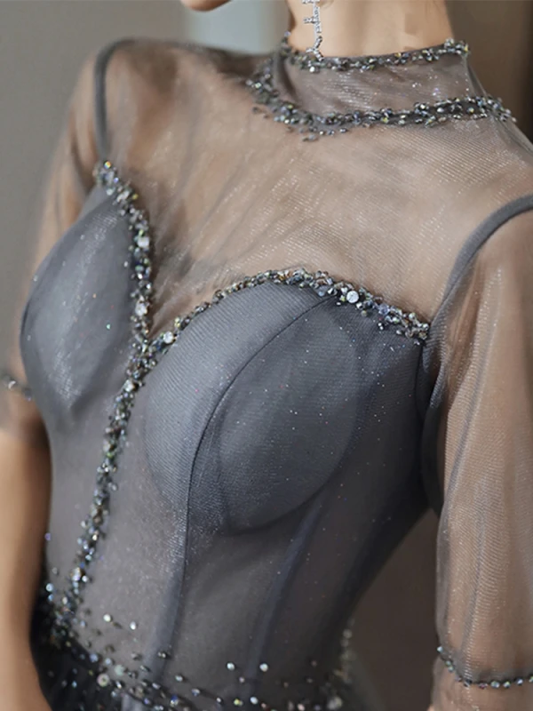 Charmant Gris Robe De Soirée 2020 Princesse Glitter Tulle Col Haut Perlage Faux Diamant 1/2 Manches Dos Nu Longue Robe De Ceremonie