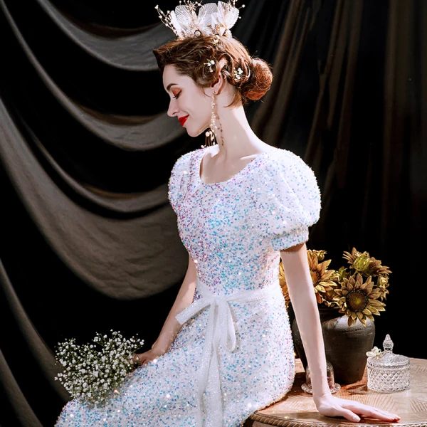 Scintillantes Blanche Robe De Soirée 2021 Princesse Encolure Dégagée Paillettes Manches Courtes Dos Nu Longue Robe De Ceremonie