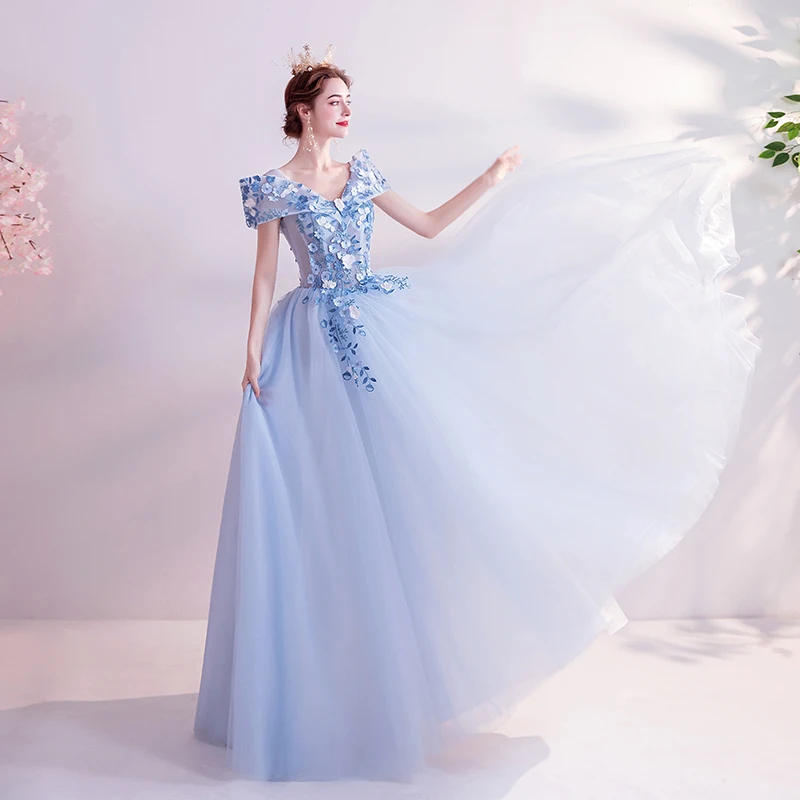 Fairytale Sky Blue Prom Dresses 2020 A-Line Princess V-Neck Appliques Pearl Lace Flower