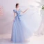 Fairytale Sky Blue Prom Dresses 2020 A-Line / Princess V-Neck Appliques Pearl Lace Flower Short Sleeve Backless Floor-Length / Long Formal Dresses