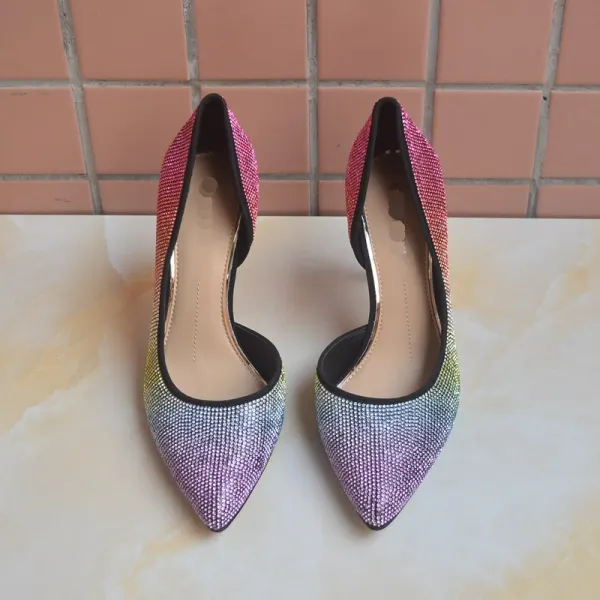 Charmant Multi-Couleurs Soirée Arc en ciel Escarpins 2020 Cuir Faux Diamant 9 cm Talons Aiguilles À Bout Pointu Escarpins