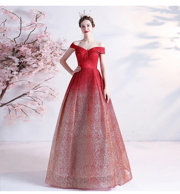 Scintillantes Sexy Dégradé De Couleur Rouge Robe De Bal 2021 Princesse De l'épaule Glitter Paillettes Sans Manches Dos Nu Longue Robe De Ceremonie
