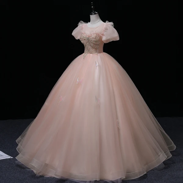 Elegante Blozen Roze Kralen Parel Pailletten Galajurken 2022 Baljurk Ronde Hals Gezwollen Korte Mouwen Ruglooze Lange Gelegenheid Jurken