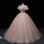 Elegante Blozen Roze Kralen Parel Pailletten Galajurken 2022 Baljurk Ronde Hals Gezwollen Korte Mouwen Ruglooze Lange Gelegenheid Jurken