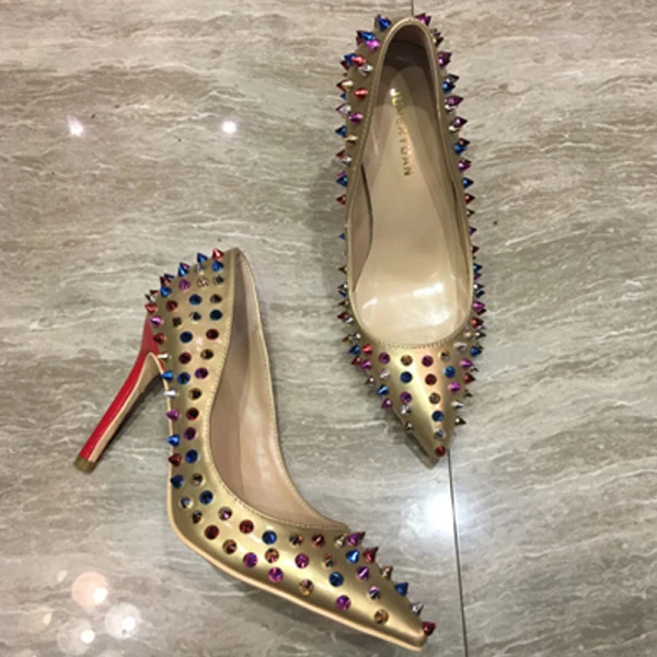 Schöne Königliches Blau Ball Pumps 2018 Niet Leder 12 cm Stilettos Spitzschuh Pumps