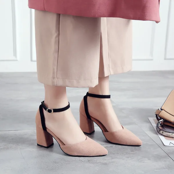 Simple Rougissant Rose Vêtement de rue Daim Sandales Femme 2021 Bride Cheville 8 cm Talons Aiguilles À Bout Pointu Sandales Talons Hauts