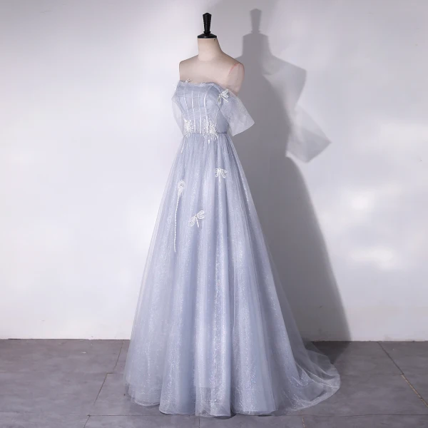 Charmant Gris Perlage Paillettes En Dentelle Fleur Robe De Bal 2024 Princesse Bustier Sans Manches Dos Nu Longue Promo Robe De Ceremonie