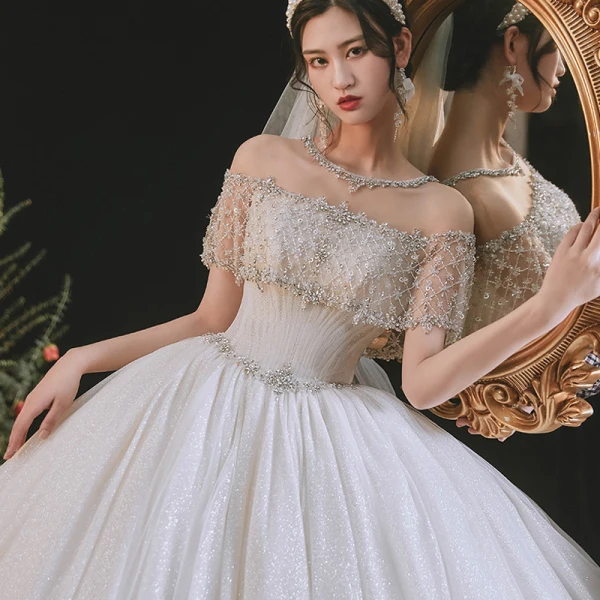 Luxury / Gorgeous Sexy White Wedding Dresses 2021 Ball Gown Scoop Neck Beading Rhinestone Short Sleeve Backless Royal Train Wedding