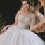 Luxury / Gorgeous Sexy White Wedding Dresses 2021 Ball Gown Scoop Neck Beading Rhinestone Short Sleeve Backless Royal Train Wedding