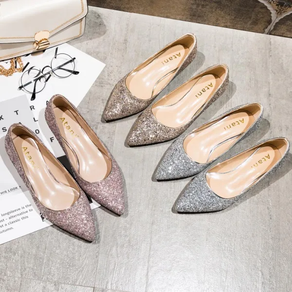 Charmant Argenté Chaussure De Mariée 2020 Paillettes À Bout Pointu Plate Mariage Escarpins