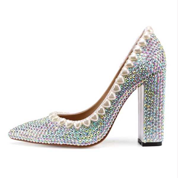 Charmant Multi-Kleuren Rhinestone Bruidsschoenen 2020 Leer 10 cm Dikke Hak Spitse Neus Huwelijk Pumps