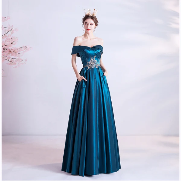 Vintage / Originale Bleu D'encre Robe De Soirée 2020 Princesse De l'épaule Perlage Perle En Dentelle Fleur Manches Courtes Dos Nu Longue Robe De Ceremonie