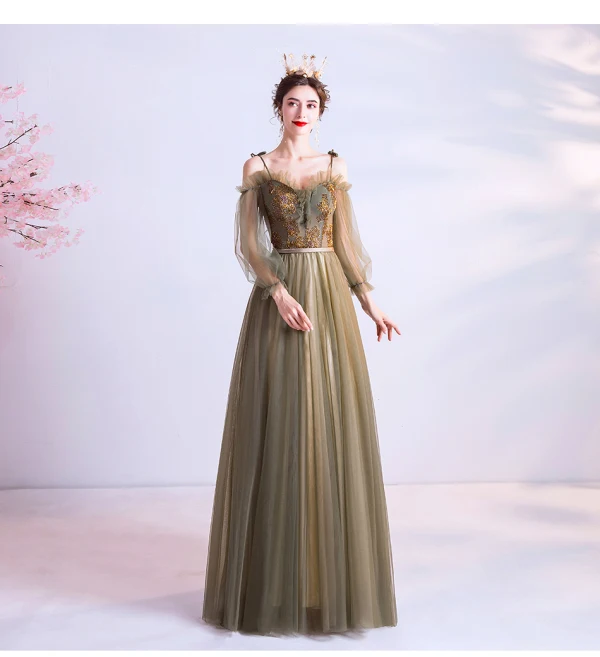 Vintage / Retro Clover Green Prom Dresses 2020 A-Line / Princess Spaghetti Straps Beading 3/4 Sleeve Backless Floor-Length / Long Formal Dresses