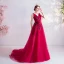 Chic Rouge Robe De Soirée 2020 Princesse V-Cou Perlage Appliques Noeud Sans Manches Dos Nu Tribunal Train Robe De Ceremonie