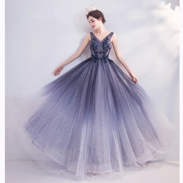 Charmant Bleu Marine Robe De Soirée 2020 Princesse V-Cou Glitter Perlage Paillettes En Dentelle Fleur Sans Manches Dos Nu Longue Robe De Ceremonie