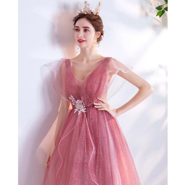 Fashion Candy Pink Gradient-Color Evening Dresses  2020 A-Line / Princess V-Neck Glitter Rhinestone Lace Flower Sleeveless Backless Sweep Train Formal Dresses