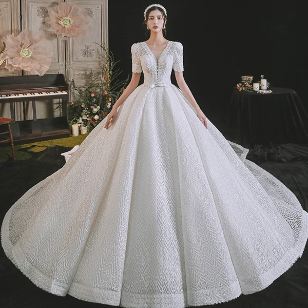 Luxury / Gorgeous White Wedding Dresses 2021 Ball Gown Scoop Neck Beading Pearl Rhinestone Bow Short Sleeve Backless Royal Train Wedding