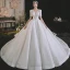 Luxury / Gorgeous White Wedding Dresses 2021 Ball Gown Scoop Neck Beading Pearl Rhinestone Bow Short Sleeve Backless Royal Train Wedding