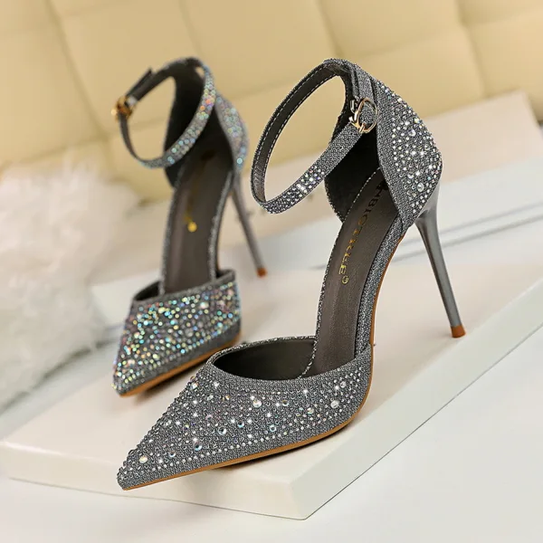 Charmant Rougissant Rose Soirée Faux Diamant Chaussures Femmes 2020 Perlage Bride Cheville 10 cm Talons Aiguilles À Bout Pointu Talons