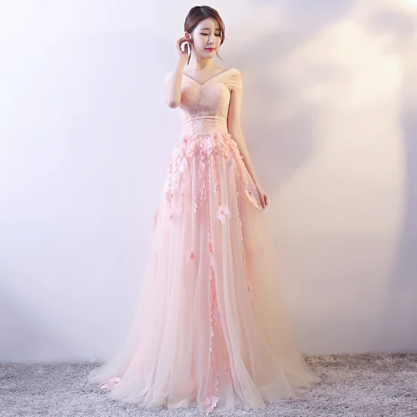 Élégant Perle Rose Robe De Soirée 2018 Princesse Appliques Perlage Paillettes V-Cou Noeud Dos Nu Sans Manches Longue Robe De Ceremonie