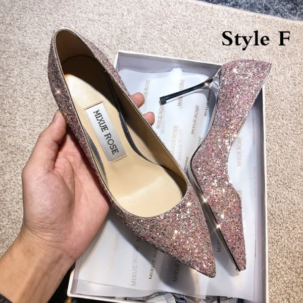Scintillantes Doré Cuir Chaussure De Mariée 2020 Paillettes 9 cm Talons Aiguilles À Bout Pointu Escarpins
