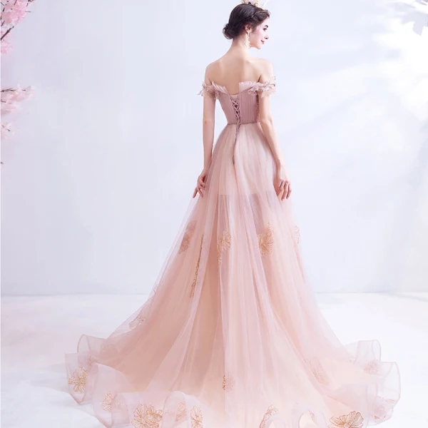 Mode Perle Rose Robe De Soirée 2021 Princesse De l'épaule Glitter Perlage Faux Diamant Paillettes Sans Manches Dos Nu Train De Balayage Robe De Ceremonie
