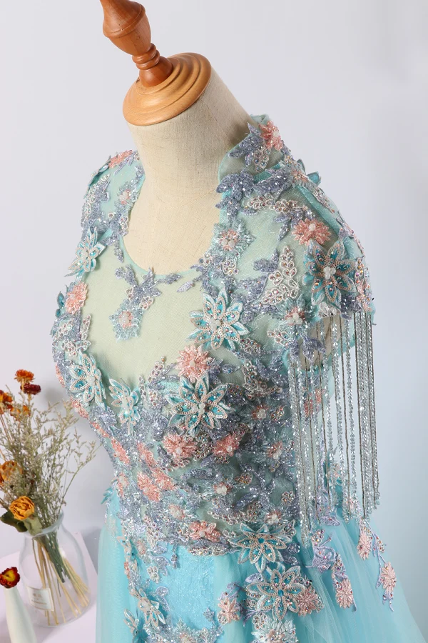 Charming Mint Green Evening Dresses 2020 A-Line / Princess U-Neck Handmade Beading Tassel Crystal Rhinestone Lace Flower Sleeveless Floor-Length / Long Formal Dresses