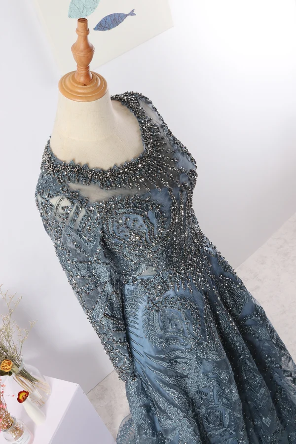 Vintage / Retro Luxury / Gorgeous Navy Blue Handmade  Beading Evening Dresses  2020 A-Line / Princess Scoop Neck Crystal Rhinestone Lace Flower Long Sleeve Backless Sweep Train Formal Dresses