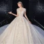 Luxury / Gorgeous Champagne Glitter Wedding Dresses 2020 A-Line / Princess Scoop Neck Beading Tassel Rhinestone Lace Flower Short Sleeve Backless Royal Train