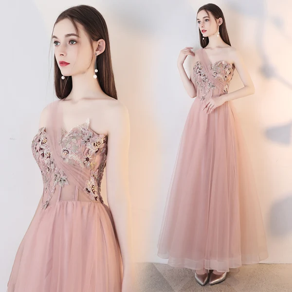Élégant Nues Robe De Soirée 2018 Princesse En Dentelle Appliques Perle Faux Diamant Une épaule Dos Nu Sans Manches Longueur Cheville Robe De Ceremonie