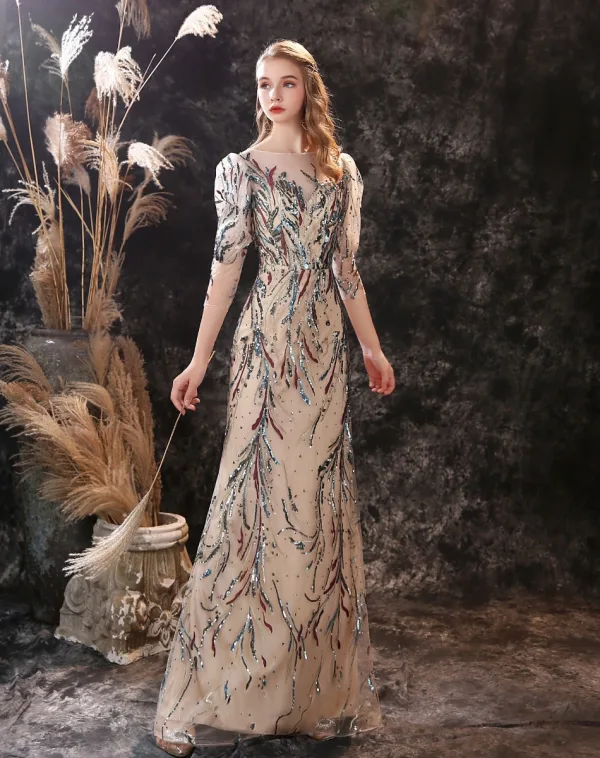 High-end Champagne Evening Dresses  2021 Trumpet / Mermaid Scoop Neck Beading Sequins Lace Flower 3/4 Sleeve Floor-Length / Long Evening Party Formal Dresses