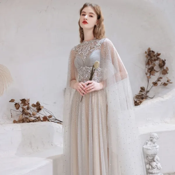 Charming High-end Grey Evening Dresses 2021 A-Line / Princess Scoop Neck Beading Rhinestone Sequins Sleeveless Floor-Length / Long Evening Party Formal Dresses